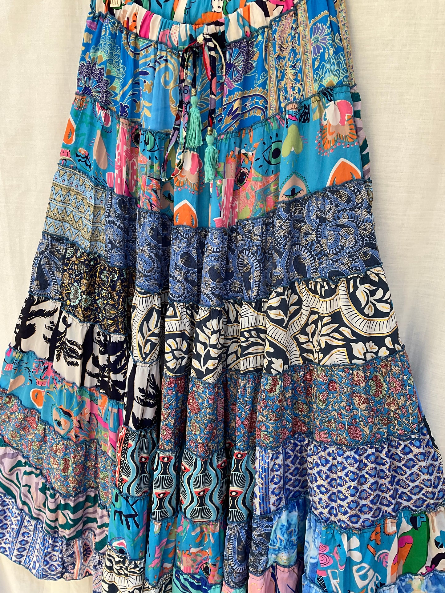 Patchwork Silk Ruffle Skirt| Blue Sky