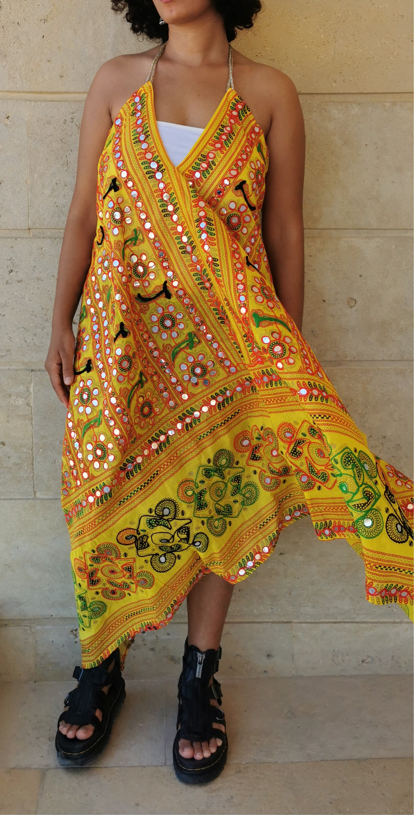 Kishori Mirror Embroidered Backless Dress in Yellow