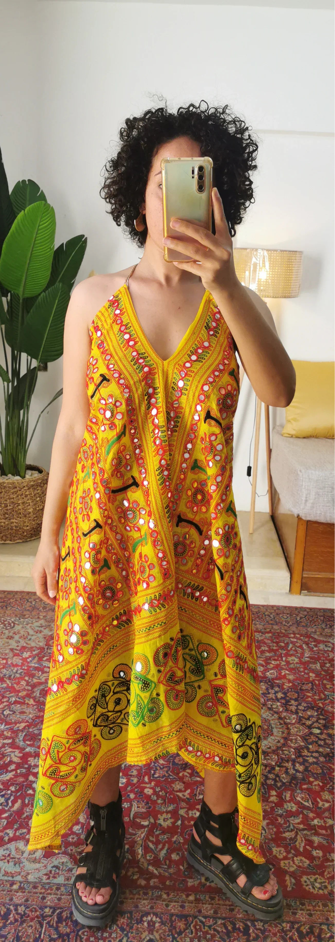 Kishori Mirror Embroidered Backless Dress in Yellow