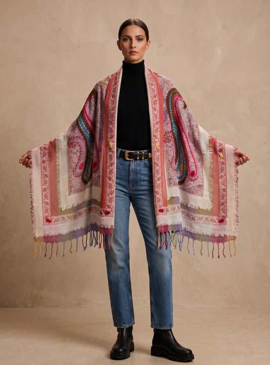 Tanvi Artisan 3 Layers Wool Scarf| Peaches