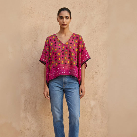 Azmiralda Hand Embroidered Top| Fuchsia