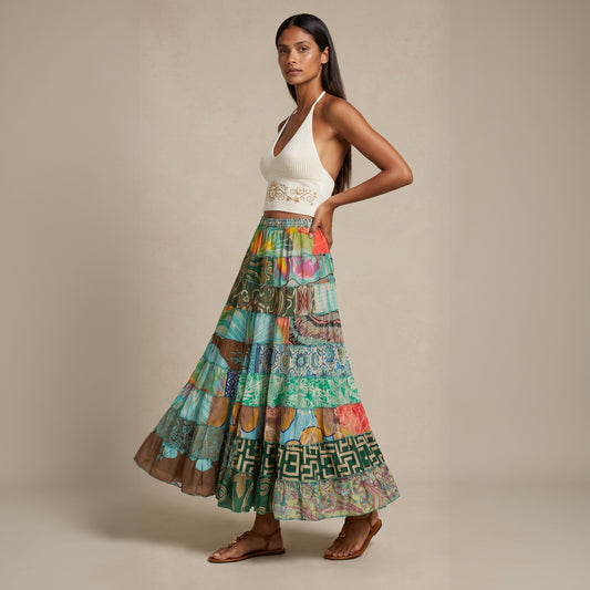 Patchwork Silk Ruffle Skirt|Tropical
