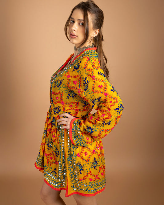 Calliope Hand Embroidered Dress in Yellow