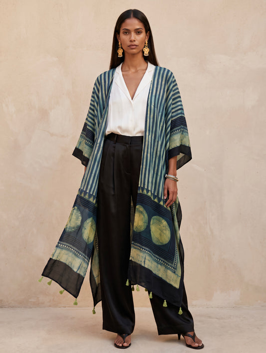 The Ajrakh Midi Silk Duster| Navy Blue Green