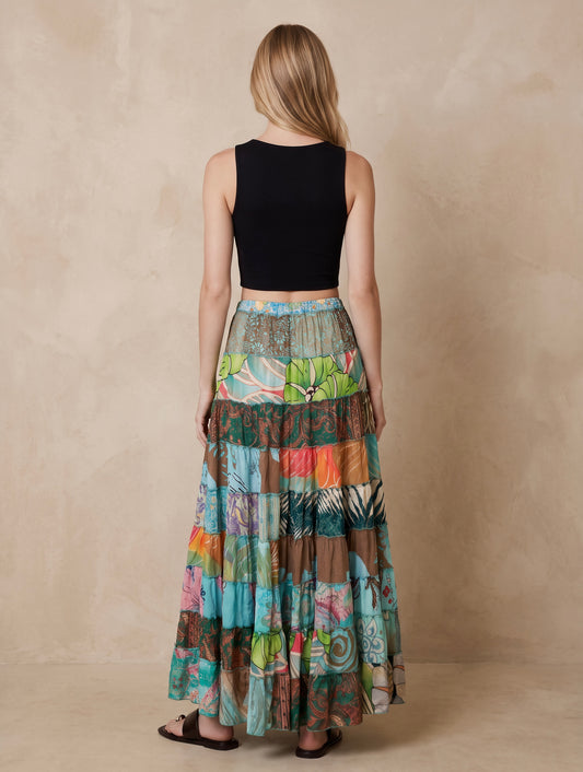 Patchwork Silk Ruffle Skirt|Tropical
