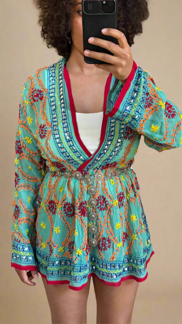 Calliope Hand Embroidered Dress in In Light Green