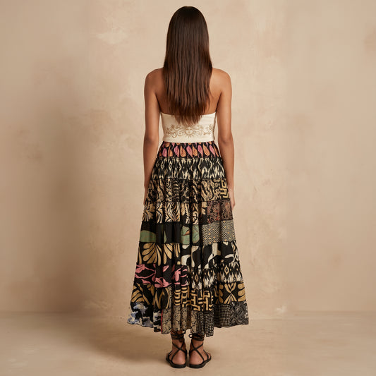 Patchwork Silk Ruffle Skirt| Desert Roses