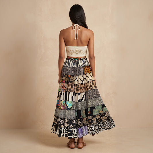 Patchwork Silk Ruffle Skirt| Zepra