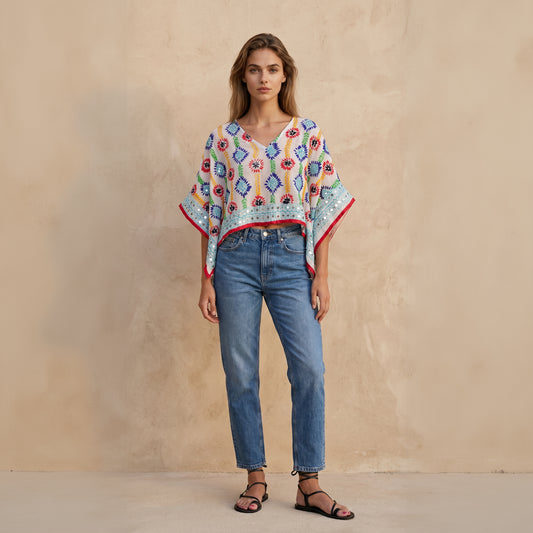 Azmiralda Hand Embroidered Top| Sky White