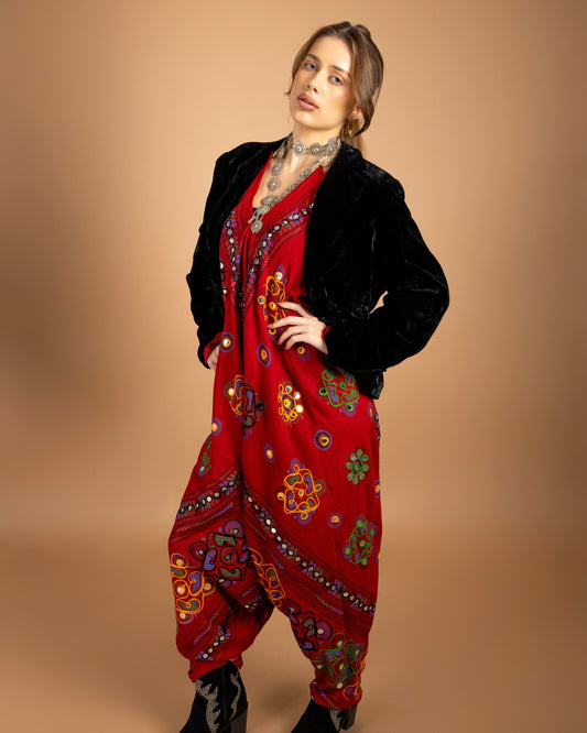 Ajabde Mirror Embroidered Backless Jumpsuit In Red