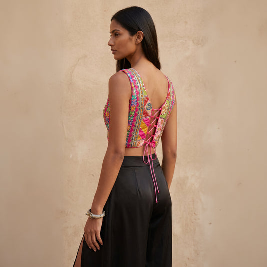 The Maya Embroidered Silk Bustier| Fuchsia