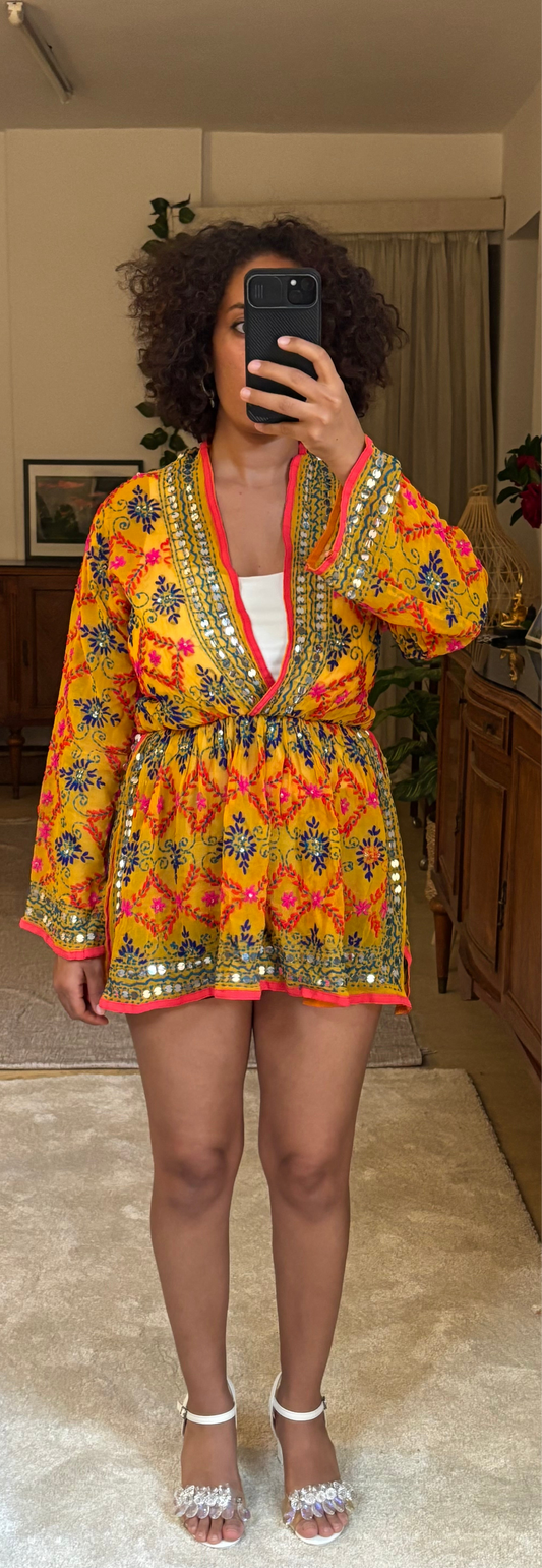 Calliope Hand Embroidered Dress in Yellow