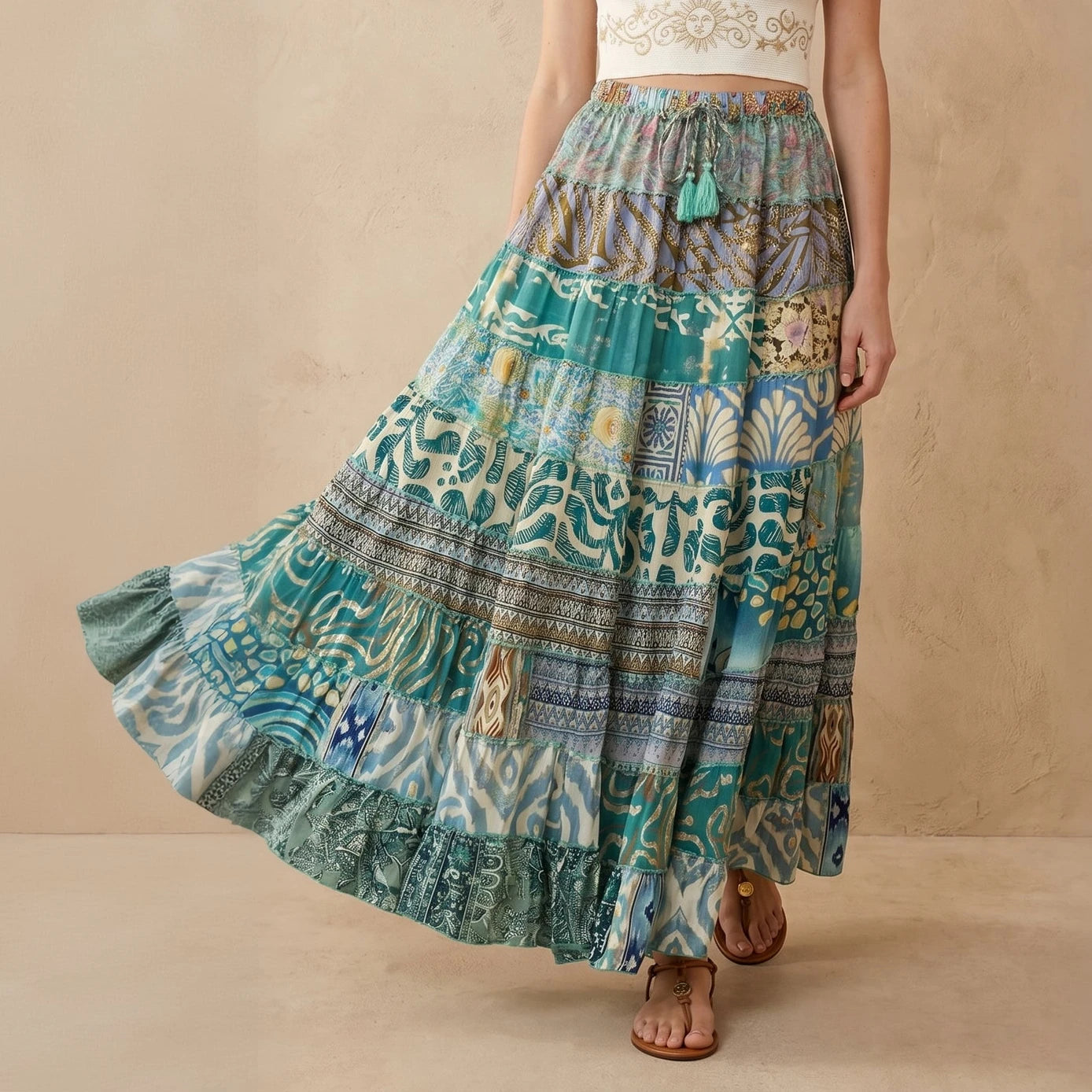 Patchwork Silk Skirt Sea