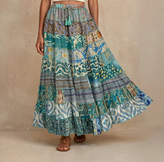 Patchwork Silk Ruffle Skirt| Sea