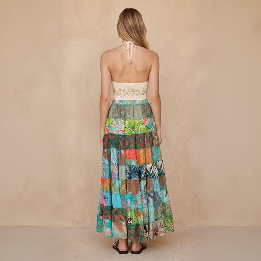 Patchwork Silk Ruffle Skirt|Tropical