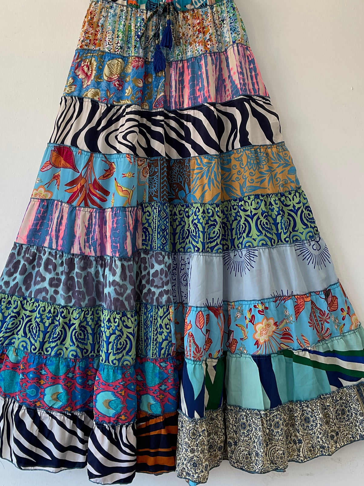 Patchwork Silk Ruffle Skirt| Ocean