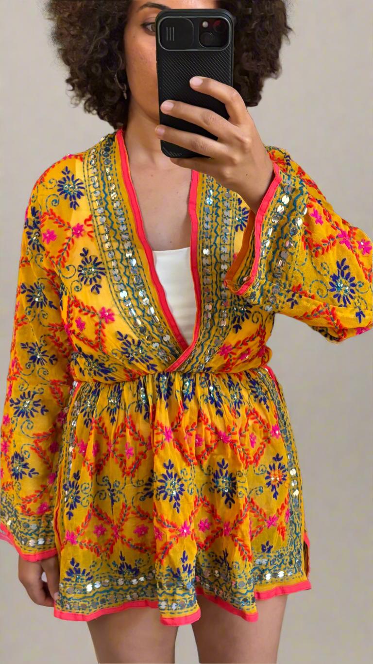 Calliope Hand Embroidered Dress in Yellow