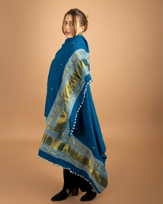 The Desert Shimmer Hand Loom Shawl| Turquoise