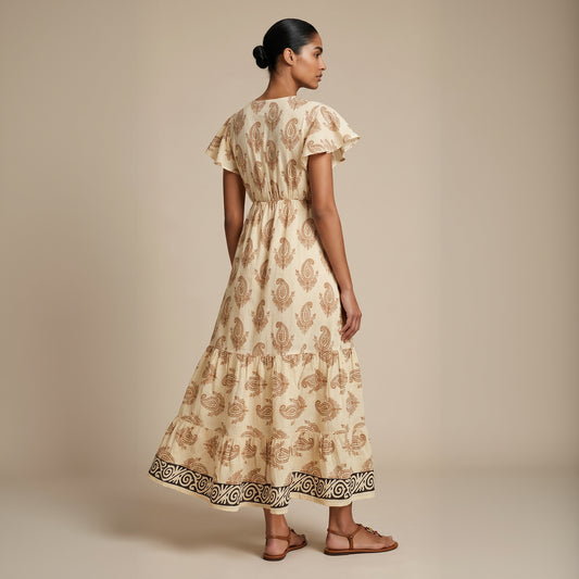 Kaya Block-Print Cotton Dress| Beige