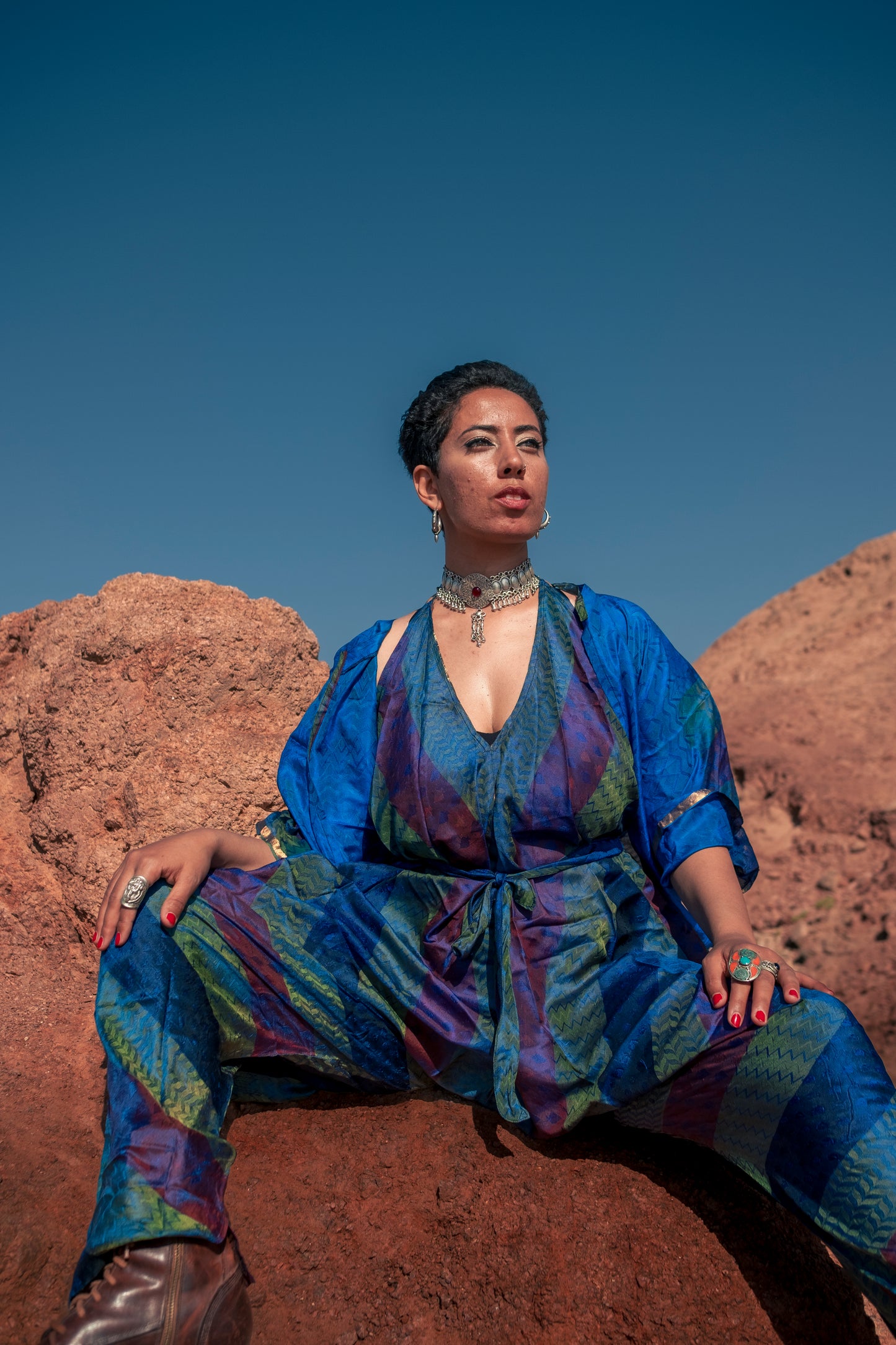 Peacock Backless Silk Jumpsuit