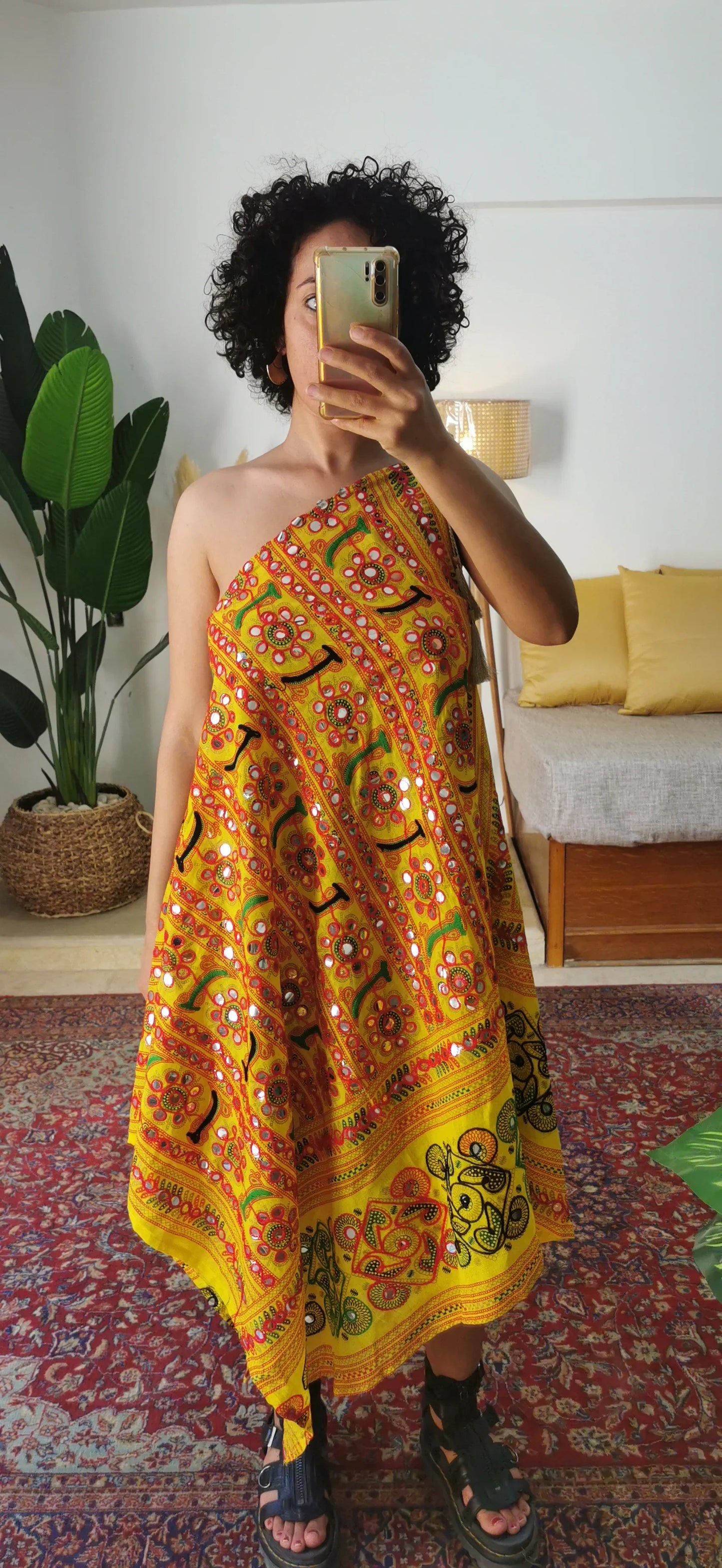 Kishori Mirror Embroidered Backless Dress in Yellow