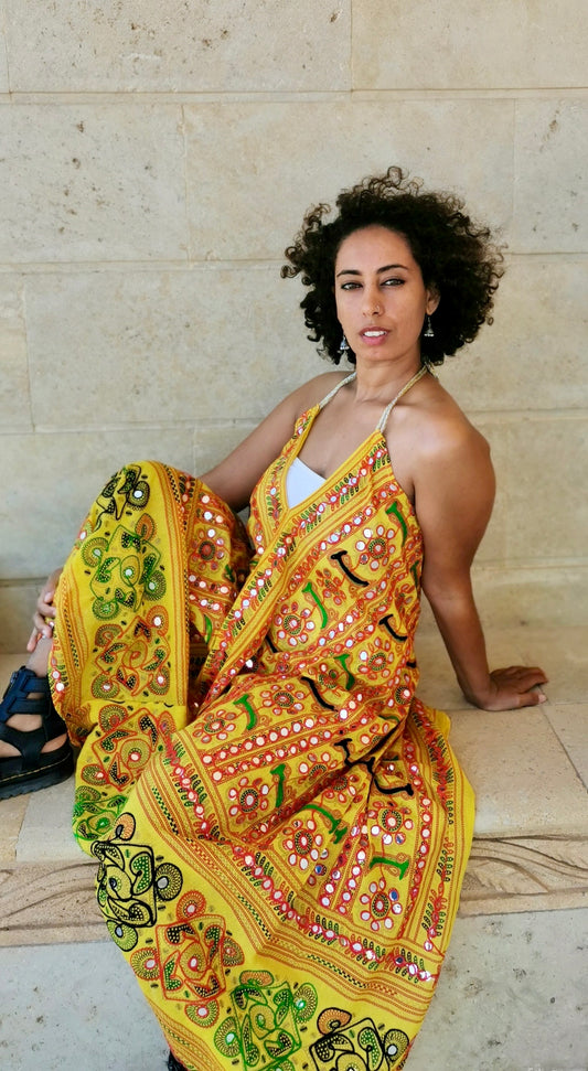 Kishori Mirror Embroidered Backless Dress in Yellow