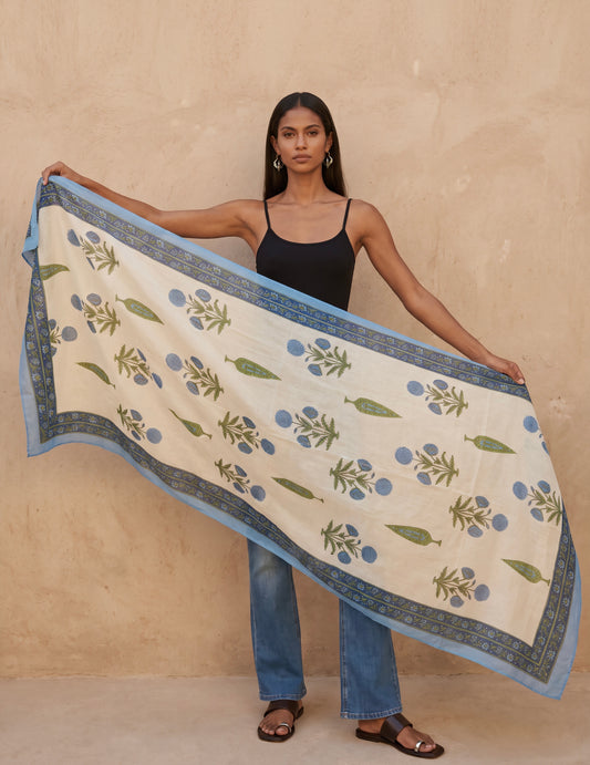 Ocean Floral Block Print Cotton Scarf & Wrap