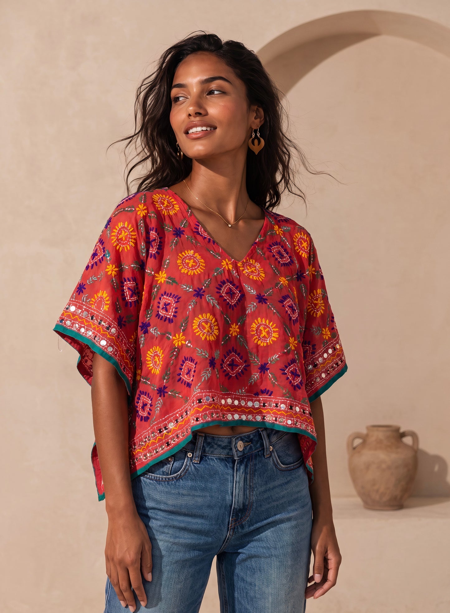 Azmiralda Hand Embroidered Top| Watermelon