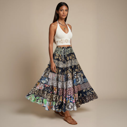 Patchwork Silk Ruffle Skirt| Midnight