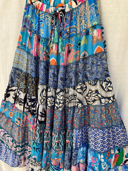 Patchwork Silk Ruffle Skirt| Blue Sky