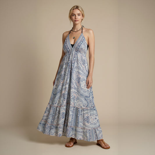Maya Silk Backless Dress Navy Blue