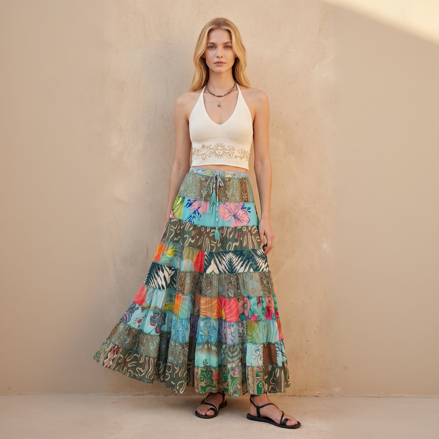 Patchwork Silk Ruffle Skirt|Tropical