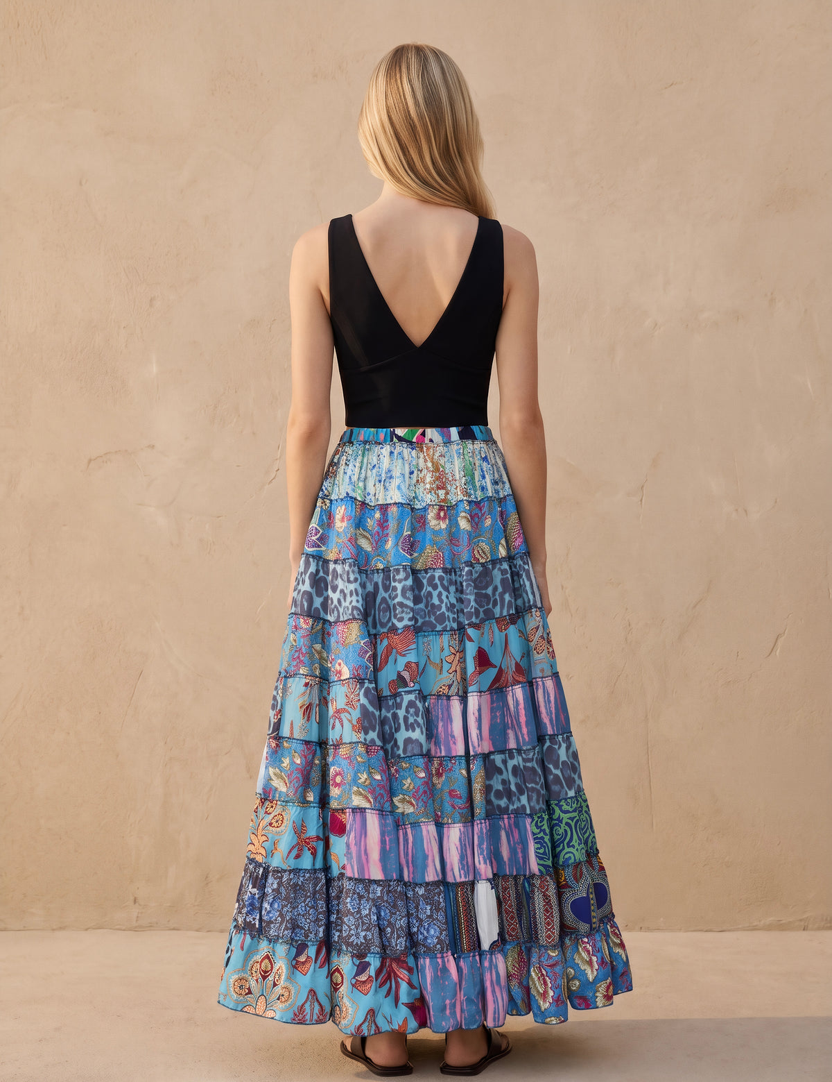 Patchwork Silk Ruffle Skirt| Ocean