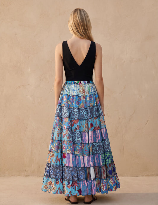 Patchwork Silk Ruffle Skirt| Ocean