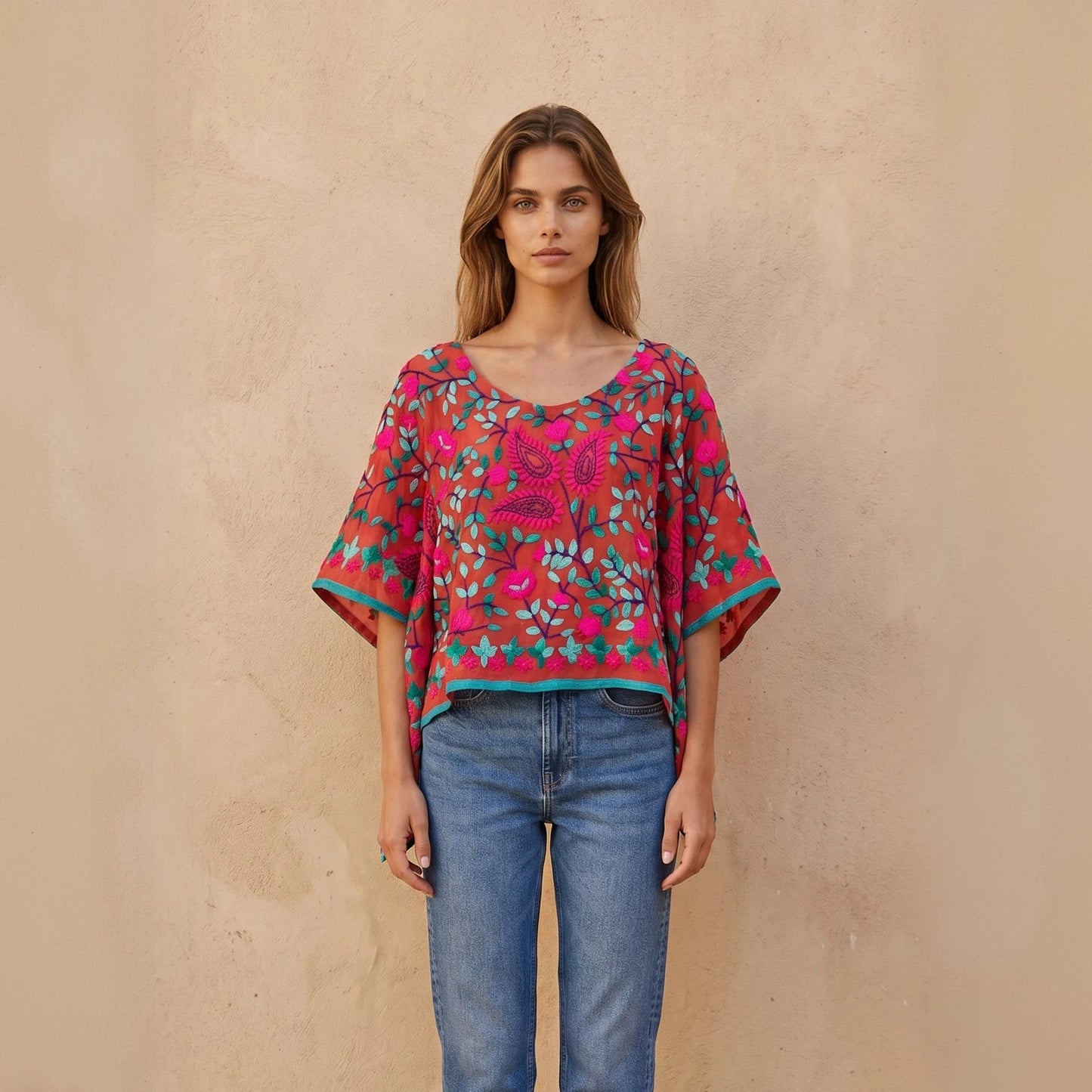 Azmiralda Hand Embroidered Top| Watermelon