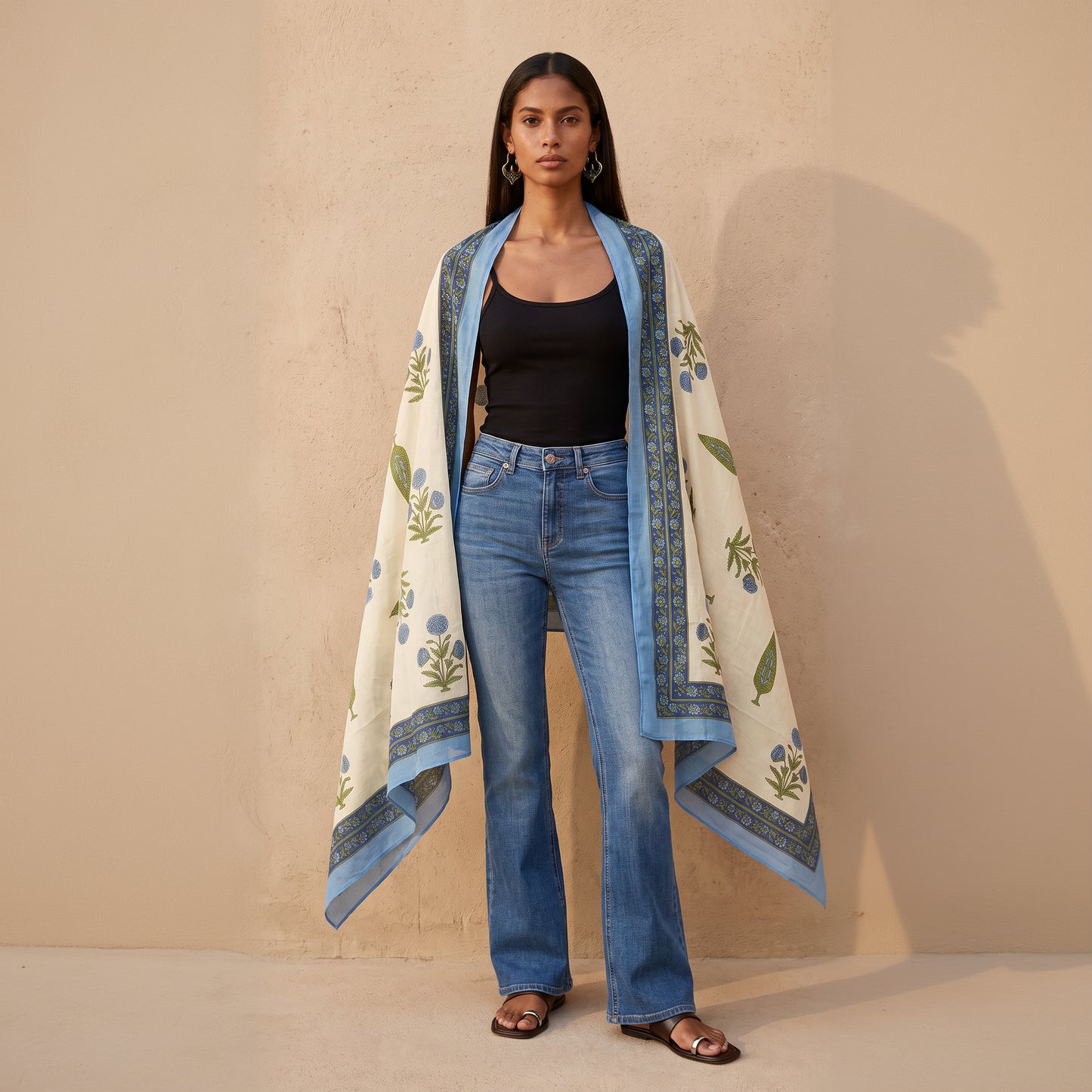 Ocean Floral Block Print Cotton Scarf & Wrap