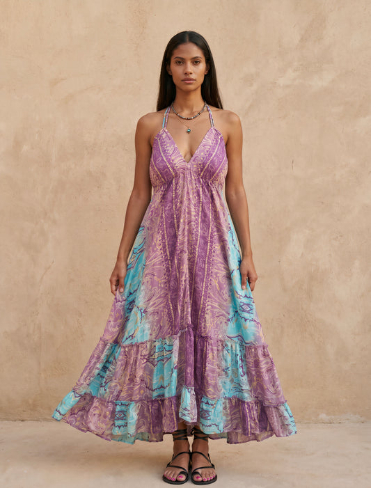 Maya Silk Backless Dress|Purple
