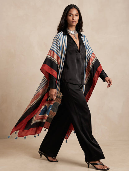 The Ajrakh Midi Silk Duster| Beige