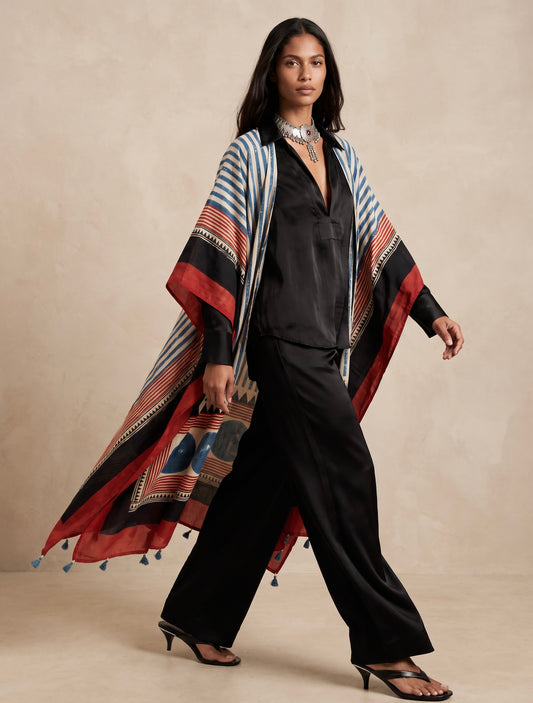 The Ajrakh Midi Silk Duster| Beige