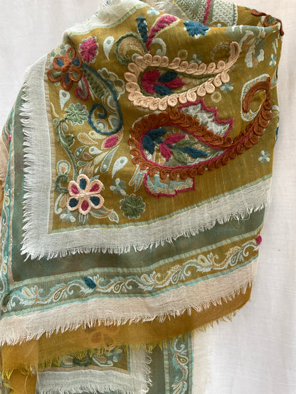 Tanvi Artisan 3 Layers Wool Scarf| Turmeric Green
