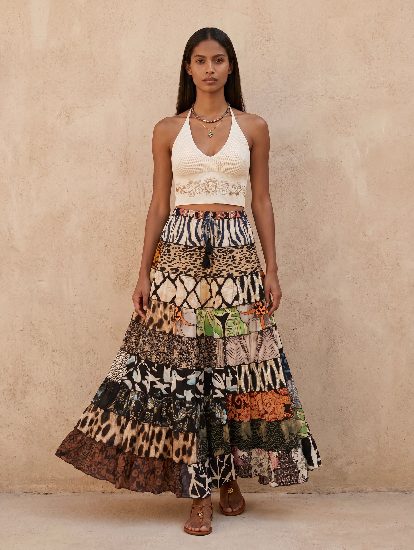 Patchwork Silk Ruffle Skirt| Zepra