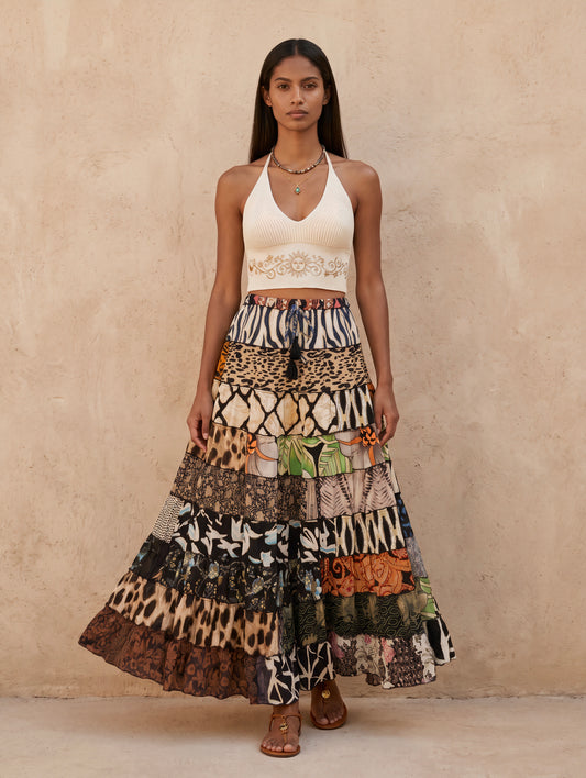 Patchwork Silk Ruffle Skirt| Zepra