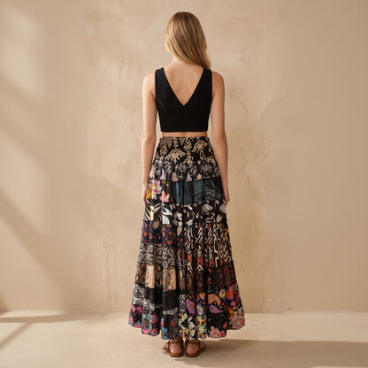Patchwork Silk Ruffle Skirt| Black Paradise