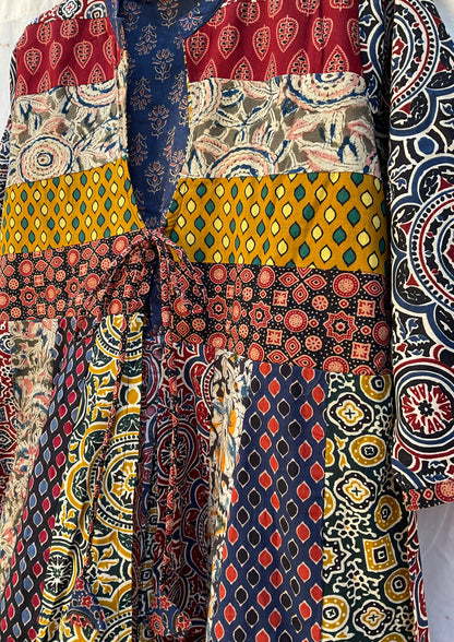 The Patchwork Ajrakh Cotton Duster| Navy Blue