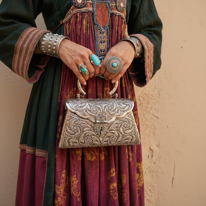 The Antique Metal Engraved Minaudière Clutch