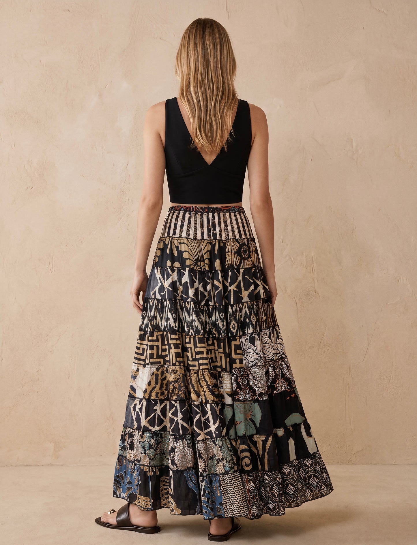 Patchwork Silk Ruffle Skirt| Stripes