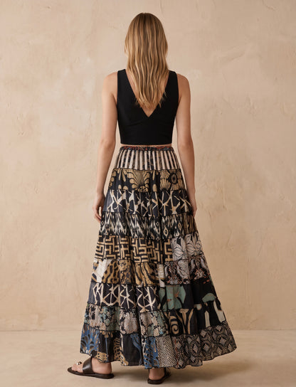 Patchwork Silk Ruffle Skirt| Stripes