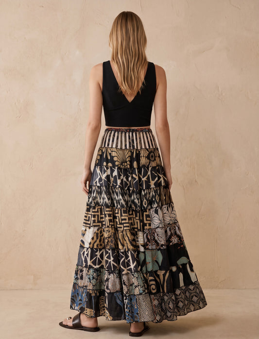 Patchwork Silk Ruffle Skirt| Stripes