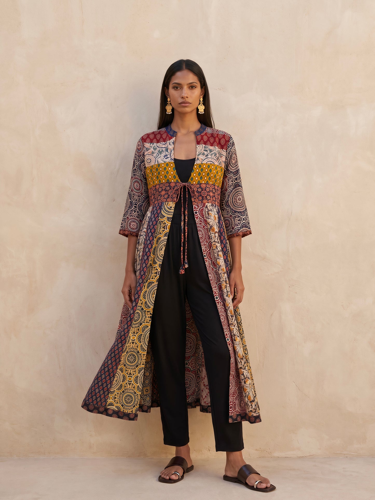 The Patchwork Ajrakh Cotton Duster| Navy Blue