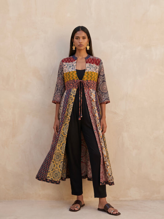 The Patchwork Ajrakh Cotton Duster| Navy Blue